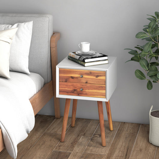 Wooden Nightstand Mid-Century End Side Table with 2 Storage Drawers-Brown