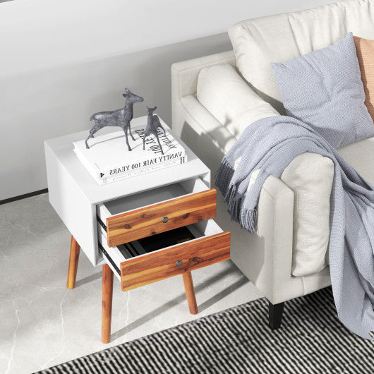 Wooden Nightstand Mid-Century End Side Table with 2 Storage Drawers-Brown