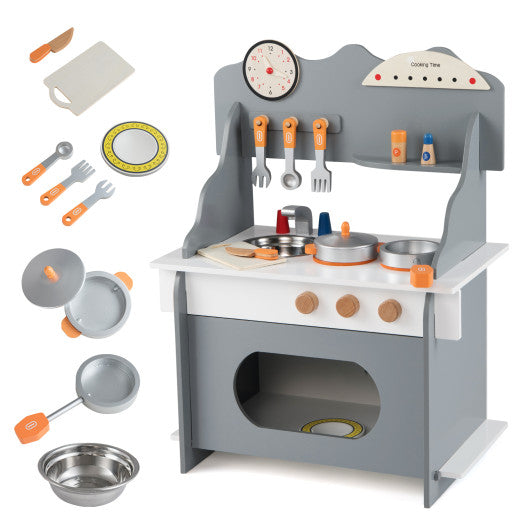 Wooden Play Kitchen for Kids Pretend Play Toy Kitchen Set with Clock Gift for Boys and Girls 3 +-Gray