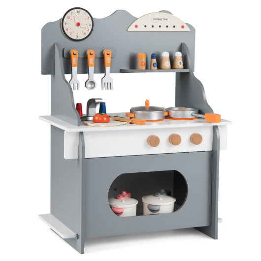 Wooden Play Kitchen for Kids Pretend Play Toy Kitchen Set with Clock Gift for Boys and Girls 3 +-Gray