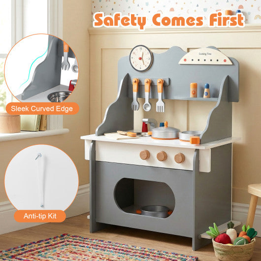 Wooden Play Kitchen for Kids Pretend Play Toy Kitchen Set with Clock Gift for Boys and Girls 3 +-Gray