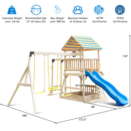 Wooden Swing Set with Large Upper Deck Slide and Steering Wheel