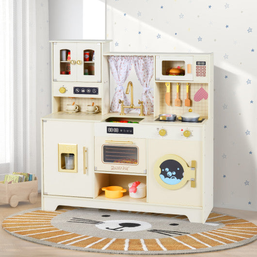 Wooden Toy Kitchen Playset with 14 Accessories for Aged 3+ Years-Beige