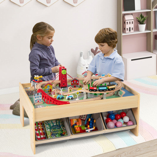 Wooden Train Set Table Kids Multipurpose Activity Play Table with 2 Reversible Tabletops-Gray