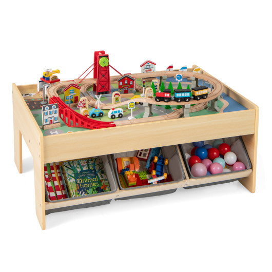 Wooden Train Set Table Kids Multipurpose Activity Play Table with 2 Reversible Tabletops-Gray