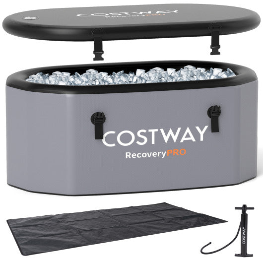 XL 129 Gal Oval Ice Bath Tub with Cover and Hand Pump for Athletes-Gray