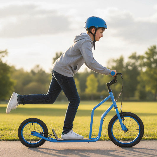 Youth Scooter with Adjustable Handlebar and 16/14-Inch Inflatable Wheels for Age 8+ Years Old-Blue