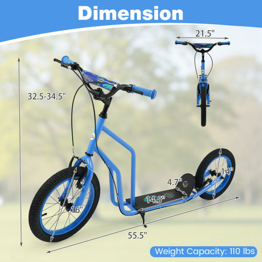 Youth Scooter with Adjustable Handlebar and 16/14-Inch Inflatable Wheels for Age 8+ Years Old-Blue