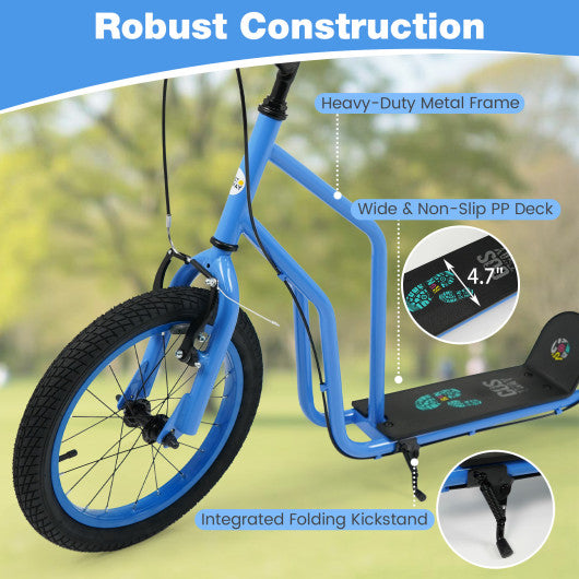 Youth Scooter with Adjustable Handlebar and 16/14-Inch Inflatable Wheels for Age 8+ Years Old-Blue