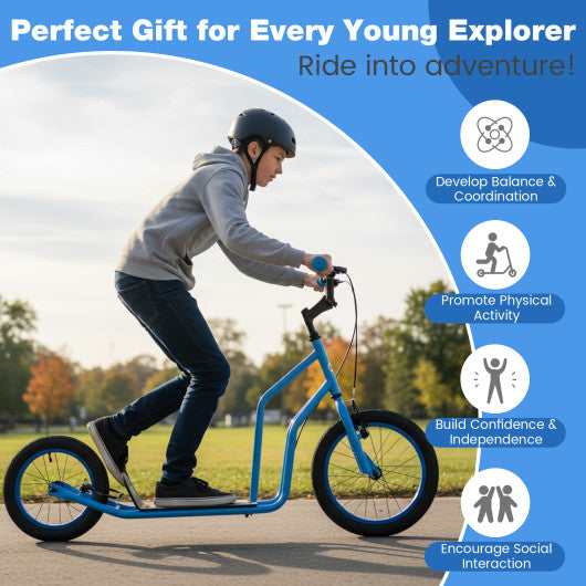 Youth Scooter with Adjustable Handlebar and 16/14-Inch Inflatable Wheels for Age 8+ Years Old-Blue