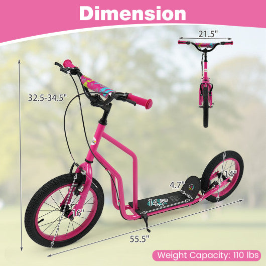 Youth Scooter with Adjustable Handlebar and 16/14-Inch Inflatable Wheels for Age 8+ Years Old-Pink