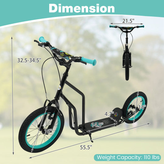 Youth Scooter with Adjustable Handlebar and 16/14-Inch Inflatable Wheels for Age 8+ Years Old-Black
