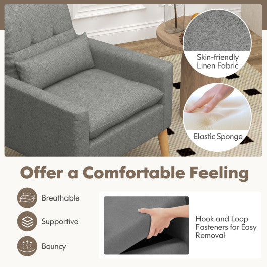 Accent Chair with Lumbar Pillow Natural Rubber Wood Legs Padded Cushions-Gray