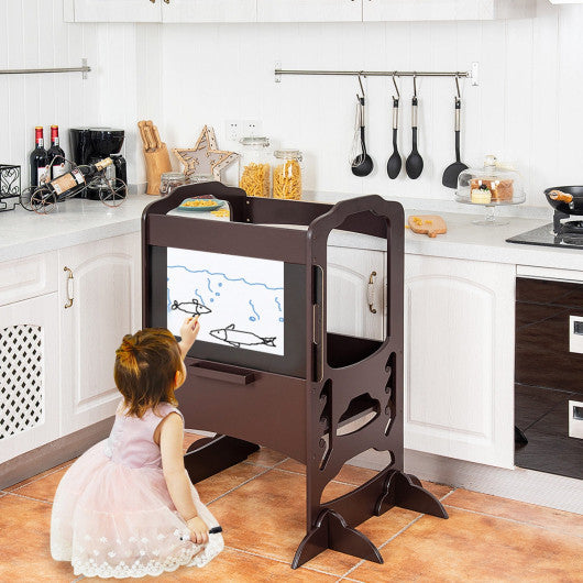 Kids Height Adjustable Kitchen Step Stool Toddlers Kitchen Helper w/ Chalkboard-Coffee