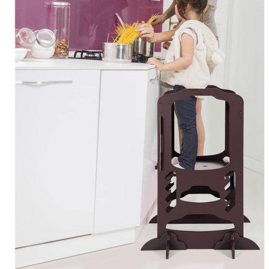 Kids Height Adjustable Kitchen Step Stool Toddlers Kitchen Helper w/ Chalkboard-Coffee