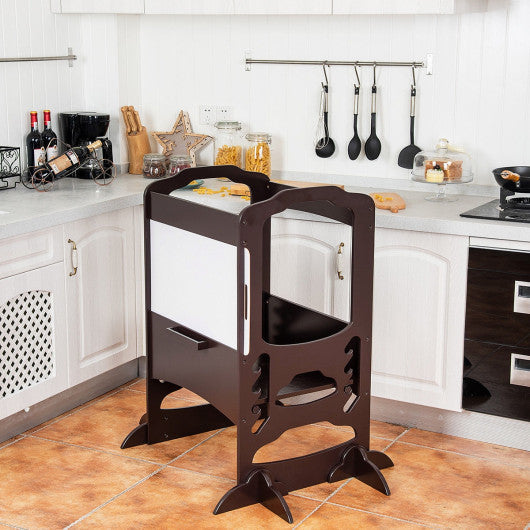 Kids Height Adjustable Kitchen Step Stool Toddlers Kitchen Helper w/ Chalkboard-Coffee