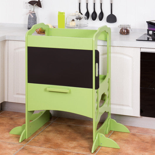 Kids Height Adjustable Kitchen Step Stool Toddlers Kitchen Helper w/ Chalkboard-Green