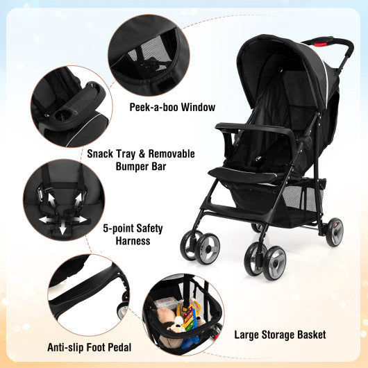 Toddler Travel Stroller for Airplane with Canopy and Adjustable Backrest-Black