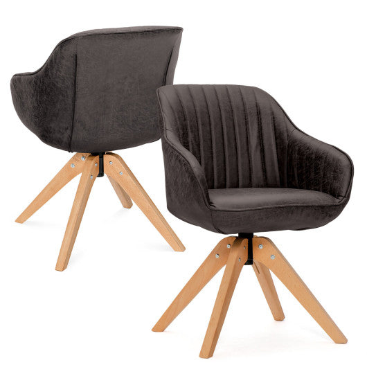 Modern Leathaire Set of 2 Swivel Accent Chair with Beech Wood Legs-Brown