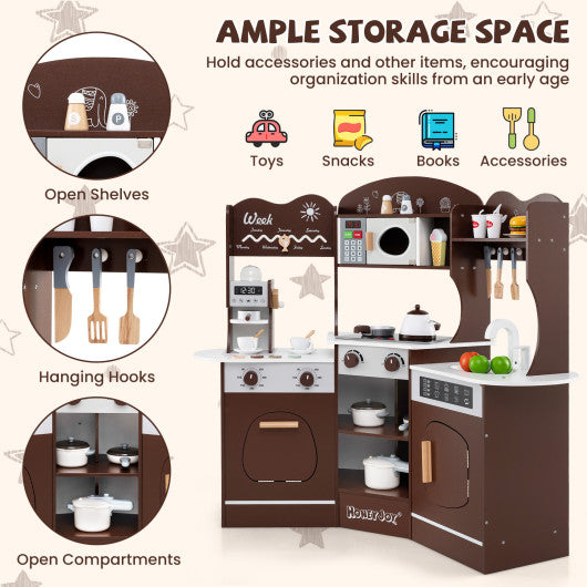 Corner Wooden Play Kitchen with Coffee Machine and Slide for Kids-Brown