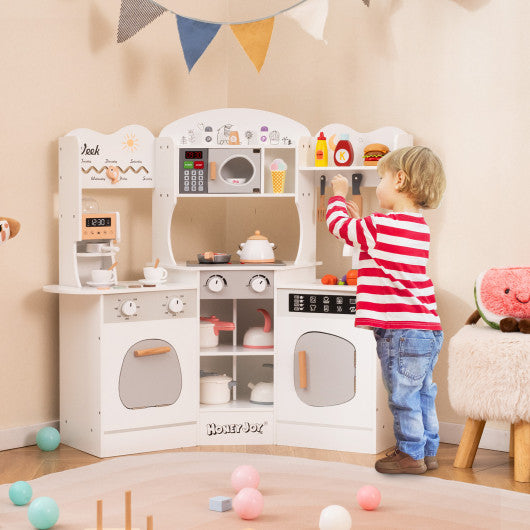 Corner Wooden Play Kitchen with Coffee Machine and Slide for Kids-White