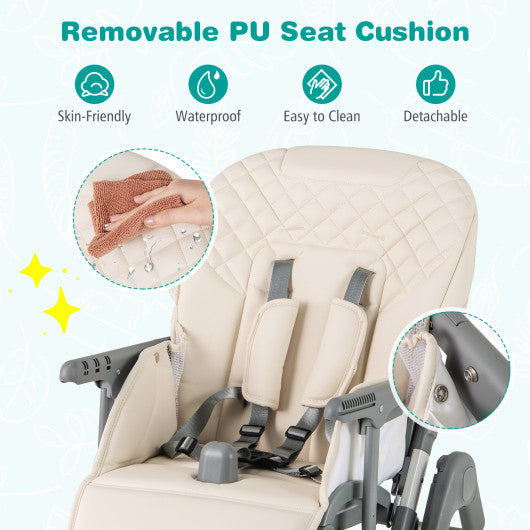 Foldable High Chair with Footrest and Detachable Tray-Beige