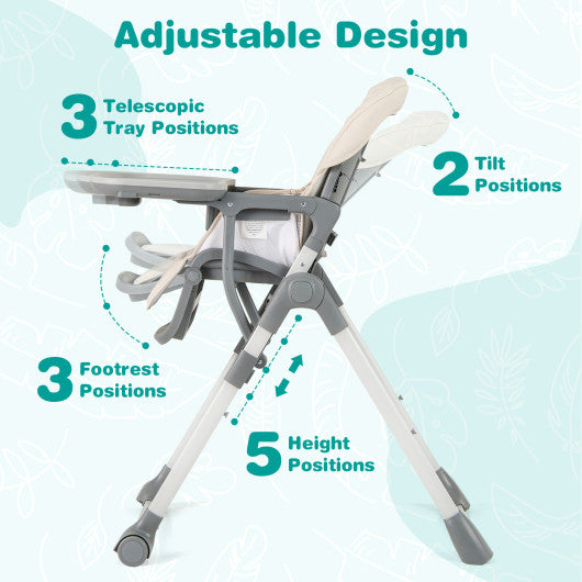 Foldable High Chair with Footrest and Detachable Tray-Beige