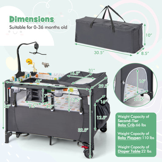 5-in-1 Baby Nursery Center Foldable Toddler Bedside Crib with Music Box-Gray