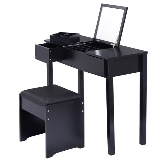 Vanity Makeup Dressing Table Set with Flip Top Mirror and Cushioned Stool-Black