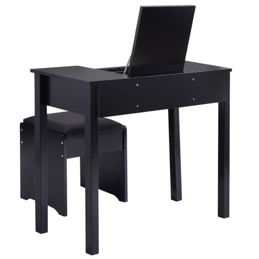 Vanity Makeup Dressing Table Set with Flip Top Mirror and Cushioned Stool-Black