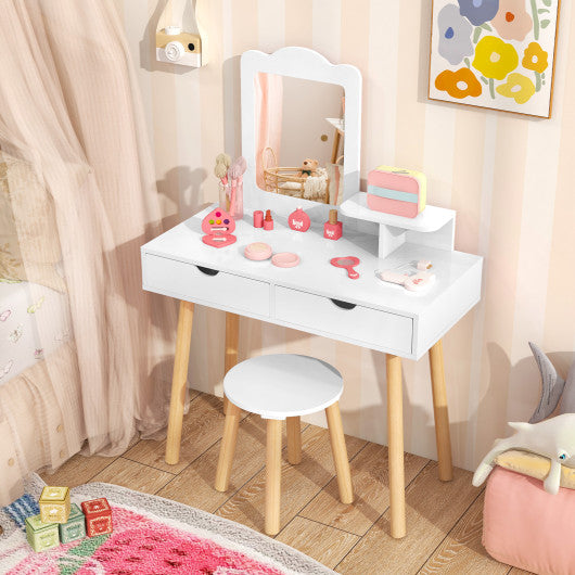 Kid Vanity Table Chair Set with Mirror and 2 Large Storage Drawers-White