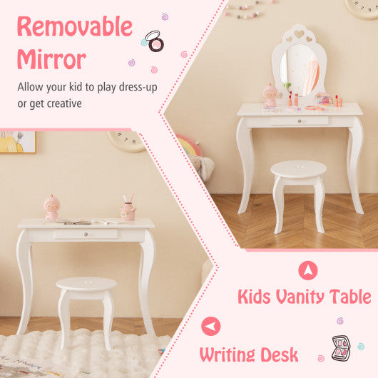 Kids Princess Makeup Dressing Play Table Set with Mirror-Off White