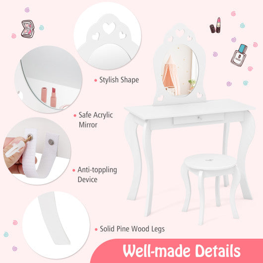Kids Princess Makeup Dressing Play Table Set with Mirror-Off White