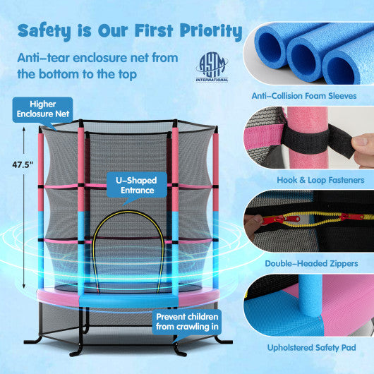 55 Inch Kids Recreational Trampoline Bouncing Jumping Mat with Enclosure Net-Pink