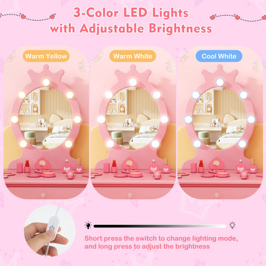 Kids Vanity Set with Lighted Mirror with Adjustable Brightness and Large Drawer-Pink