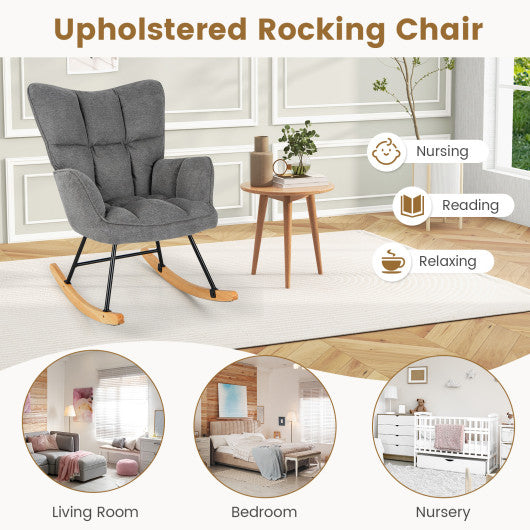 Linen Nursery Rocking Chair with High Backrest and Padded Armrests-Gray