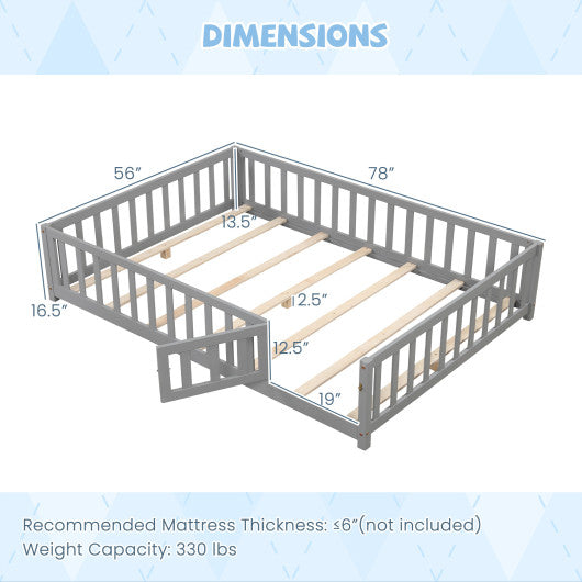 Montessori Bed Frame with Full-length Guardrails Safety Door and Latch-Gray