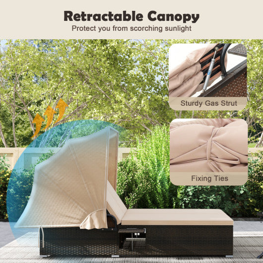 Patio Double Chaise Lounge with Shade Cushions and Folding Side Trays-Beige