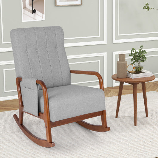 Rocking Chair with Ottoman Solid Rubber Wood Frame Padded Cushion-Gray