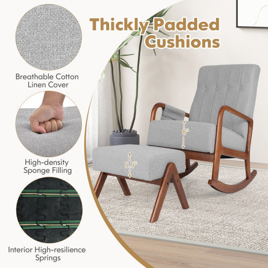 Rocking Chair with Ottoman Solid Rubber Wood Frame Padded Cushion-Gray