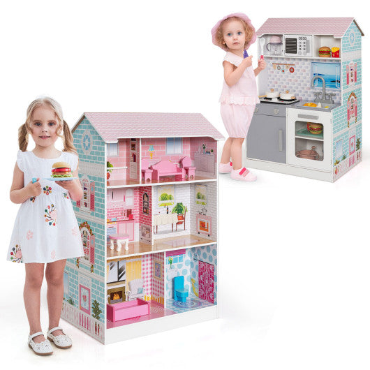 2-In-1 Double Sided Kids Kitchen Playset and Dollhouse with Furniture