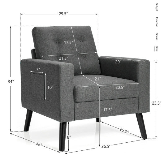 Mid-Century Upholstered Armchair Club Chair with Rubber Wood Legs-Gray