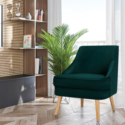 Mid Century Velvet Accent Chair with Rubber Wood Legs for Bedroom-Green