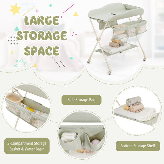 Baby Diaper Changing Table with Water Basin Wheel-Green