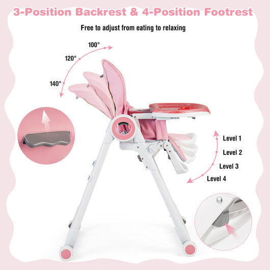 Baby High Chair Foldable Feeding Chair with 4 Lockable Wheels-Pink
