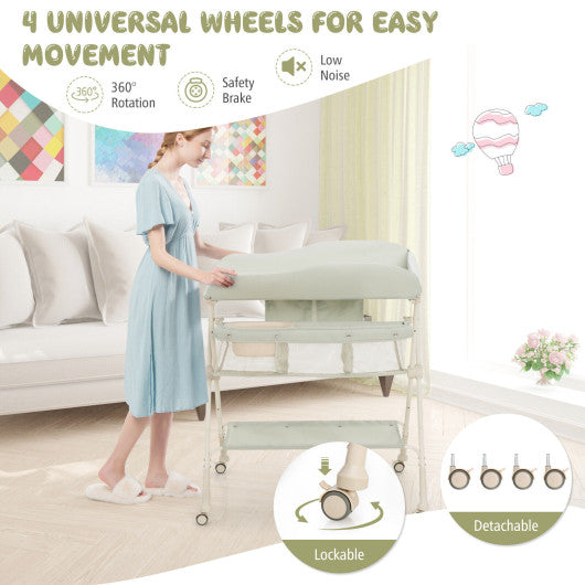 Baby Diaper Changing Table with Water Basin Wheel-Green
