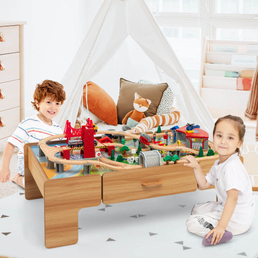 100-Piece Double-Sided Wooden Train Set Table with Storage Drawer for Kids Age 3 +