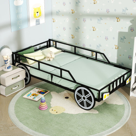 Twin-Size Kids Metal Bed Frame Car-Shaped with Safety Guardrails-Twin Size