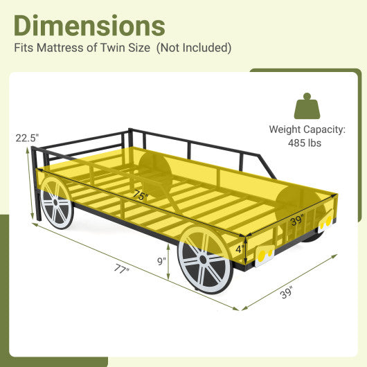 Twin-Size Kids Metal Bed Frame Car-Shaped with Safety Guardrails-Twin Size