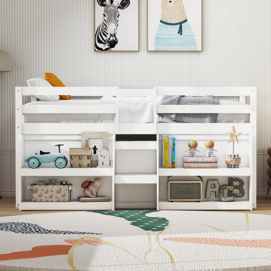 Twin Size Loft Bed with LED Lights with Staircase and Safety Guardrail-White